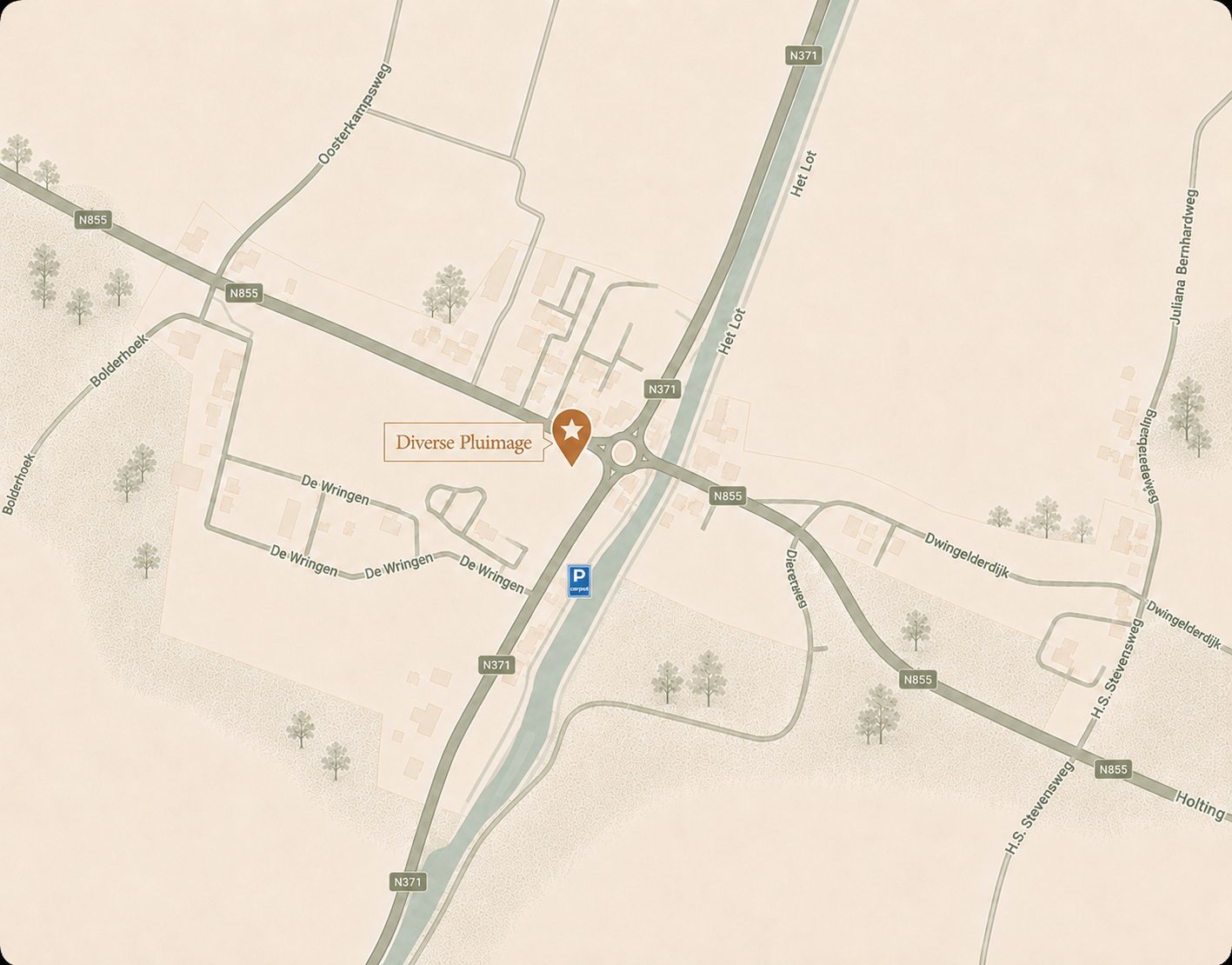 Route en locatie van Diverse Pluimage aan de Rijksweg 36 in Dieverbrug